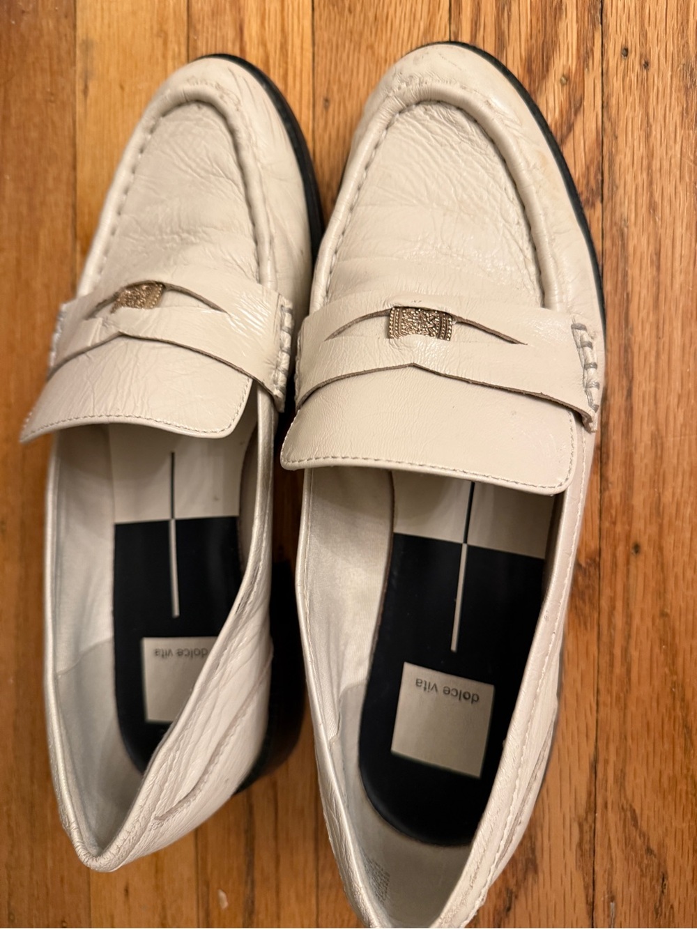 Dolce Vita Cream Leather Penny Loafers with Gold Accent
